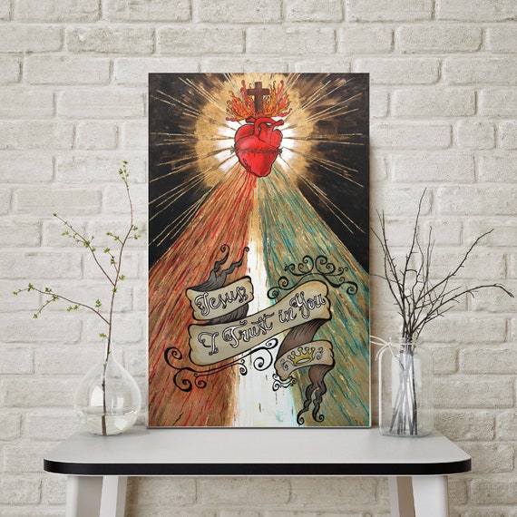 Divine Mercy, sacred heart of Jesus, Christian art, Catholic art, Christ, modern religious art, gold leaf, inspirational saying, Jesus art