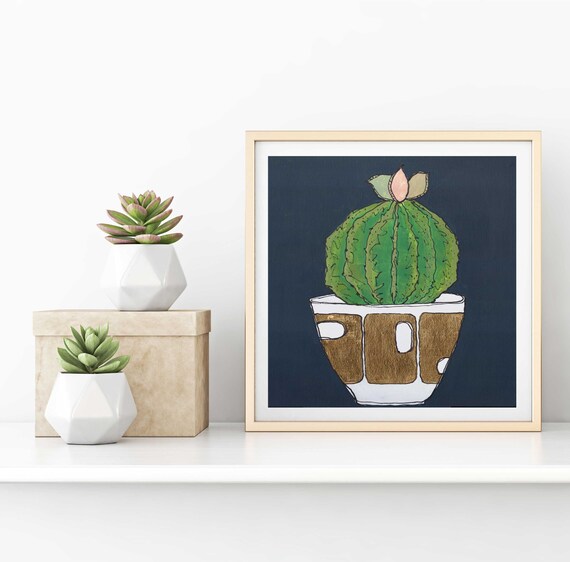 cactus decor, cactus art, cactus art print, succulent art, cactus flower, modern mid century, tropical plant, gold leaf, original wall art