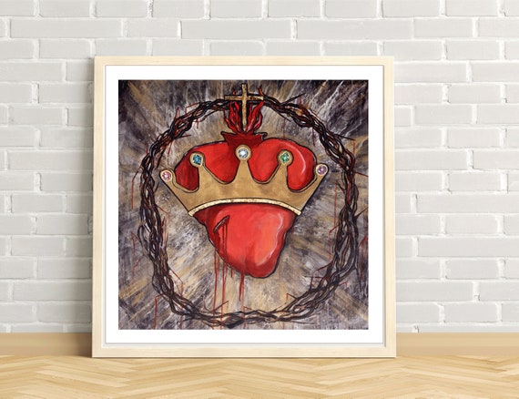 Christ the King, Sacred Heart of Jesus, Crown of Thorns, Catholic art, Crown, Jeweled Crown, Modern Catholic art print, Gold Leaf, king, God