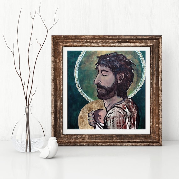 St Joseph with the Christ Child, giclee print, gold leaf, catholic art, Jesus, Nativity, Baby Jesus, Catholic gift, st Joseph, confirmation