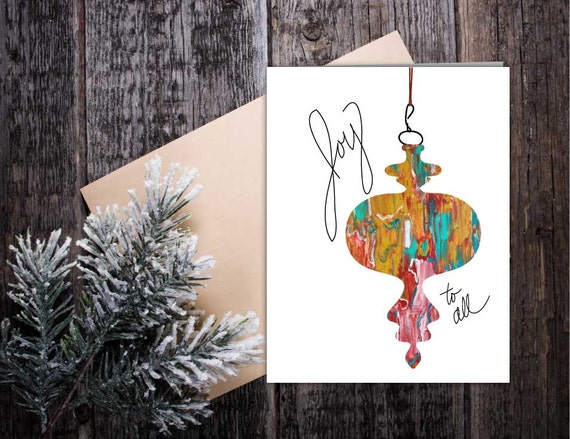 Joy Holiday card, Christmas greeting card, ornament holiday card, handmade greeting, hand lettering greeting card for Christmas