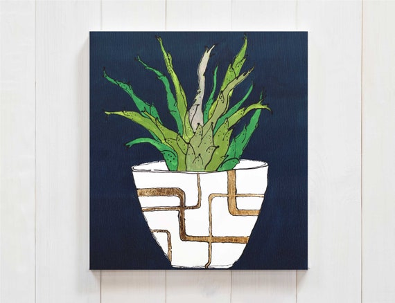 cactus decor, cactus art, cactus painting, succulent art, interior design, modern mid century, plant decor, gold leaf, original wall art