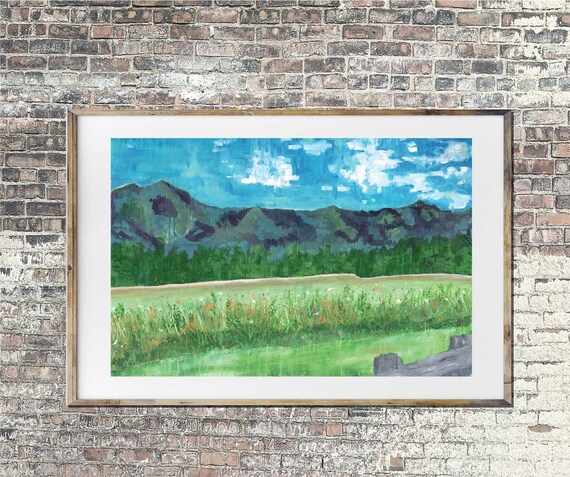 Giclee art print of smoky mountains, abstract mountains, original acrylic painting, impressionistic landscape, modern art, wild flower art