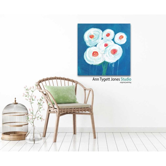 Original abstract floral painting, bouquet of white flowers, blue and white acrylic floral abstract, flower art, flower painting, fun art,