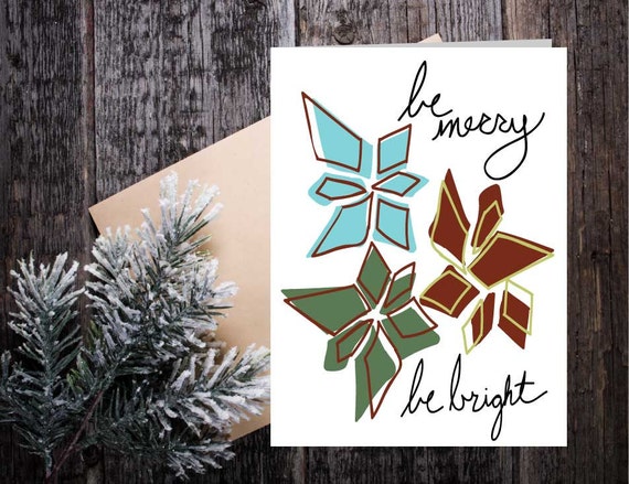 Be Merry Be Bright Holiday Christmas Card, teal seasonal greeting, hand made holiday card, poinsettia Christmas greeting card