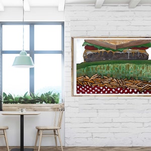 Fun food art print, cheeseburger, pickle, fries, restaurant wall art, food artwork, commercial art print, lobby art, kitchen art, hamburger