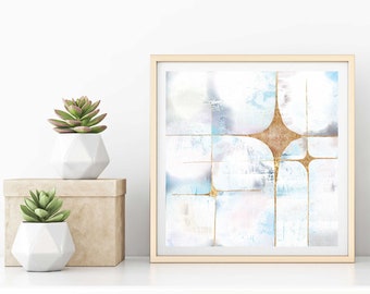 Galaxy 3 white,  abstract art print, mid century modern art, modern mid century art, stars, starburst, gold leaf, celestial, space, retro