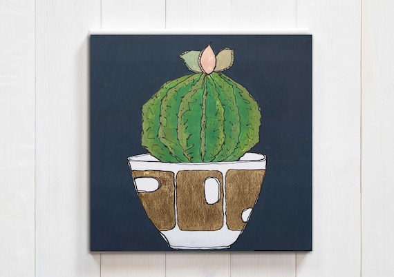 cactus decor, cactus art, cactus painting, succulent art, interior design, modern mid century, plant decor, gold leaf, original wall art