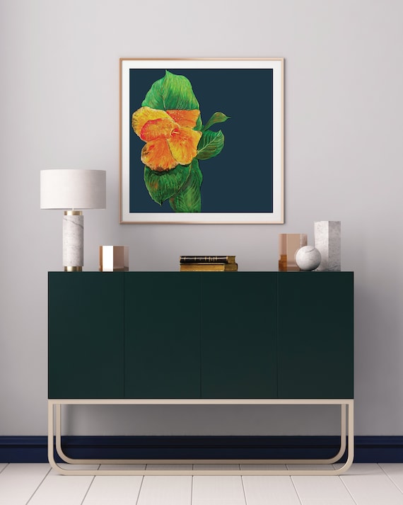 tropical art print, tropical wall art, mid century modern art, gold leaf art, lobby art, canna flower, modern floral art, tropical decor art