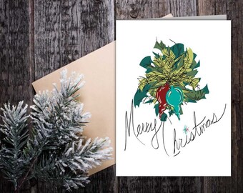 Merry Christmas Retro Classic Card, vintage style Christmas Holiday card, hand lettering seasonal card, Christmas tree ornament card