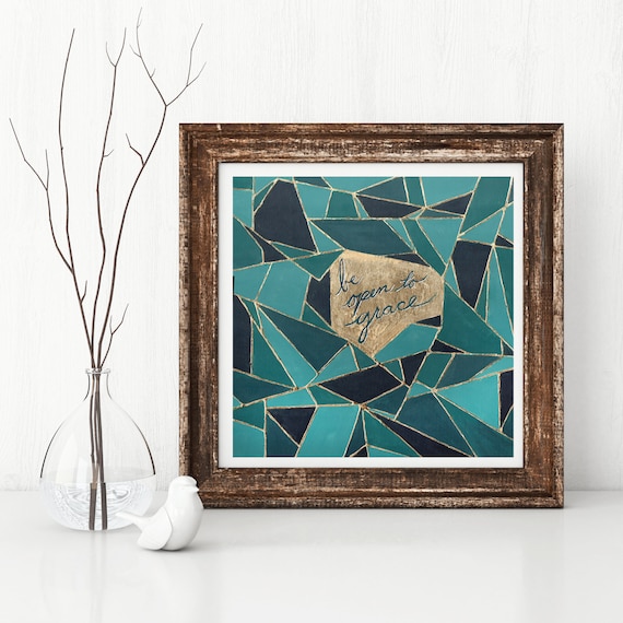 Geometric art, original abstract print, inspirational quote, religious quote, grace, gold art, geo, teal abstract print modern religious art