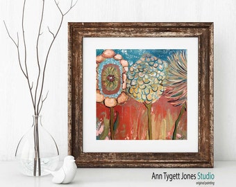 Art Print of original abstract floral painting, modern interior floral wall art, contemporary interior design, handmade floral, 3 FLOWERS