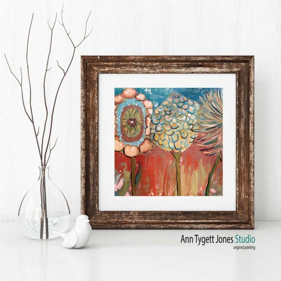 Art Print of original abstract floral painting, modern interior floral wall art, contemporary interior design, handmade floral, 3 FLOWERS