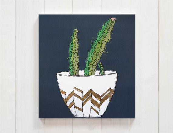 cactus decor, cactus art, cactus painting, succulent art, interior design, commercial art, plant decor, gold leaf, original wall art decor