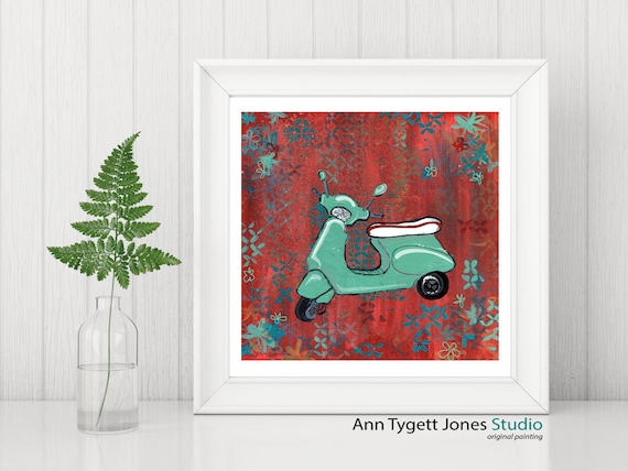 Vespa print, vespa scooter artwork, funky kids room art, modern contemporary print, scooter art, mint green art, vespa, art for kids room,