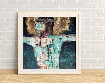 CHRIST, Giclee art print of Jesus, Christ on the cross, lent image, gold leaf, Catholic art, Christian art, Jesus suffering, Catholic gift