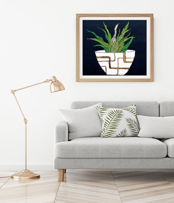 cactus decor, cactus art, cactus art print, succulent art, cactus flower, modern mid century, tropical plant, gold leaf, original wall art