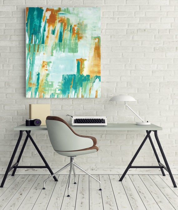 mid century modern abstract, Original Teal Abstract Painting, modern interior contemporary art, office wall art, commercial art work, teal