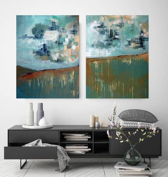 abstract landscape paintings, abstract diptych, dining room art, commercial artwork, lobby art, restaurant art, big sky landscape, diptych