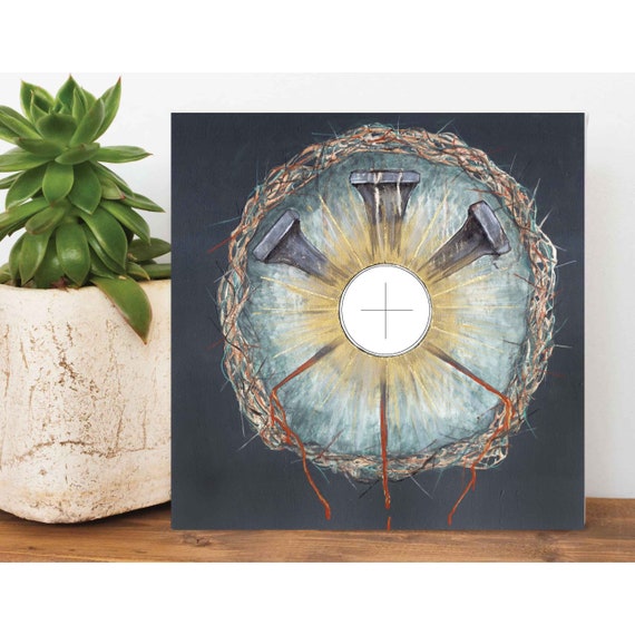 TRUE PRESENCE, Catholic art, Catholic print, Eucharist art, gold leaf Giclee print, Mid Century Modern Catholic, God, Host, Crown of Thorns