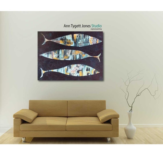 Original Abstract Acrylic Fish Painting, handmade acrylic painting, modern interior decor, fish and ocean wall art, contemporary art