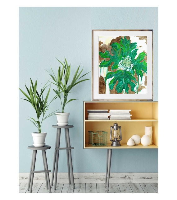 Tropical decor, Oak Hydrangea, floral art, tropical art, gold art print, green leaf art print, original leaf painting, modern interior art