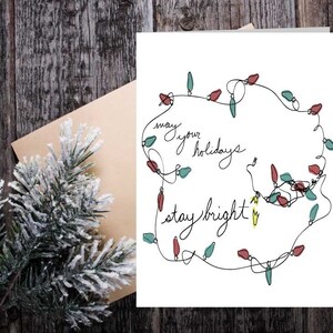 Karta świąteczna Stay Bright Holiday, karta z życzeniami Twinkle lights, wyjątkowa karta z sezonowymi światłami, ręcznie napisana karta świąteczna