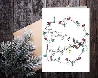 Stay Bright Holiday Christmas Card, Twinkle lights greeting card, unique seasonal lights card, hand lettered Christmas seasonal card