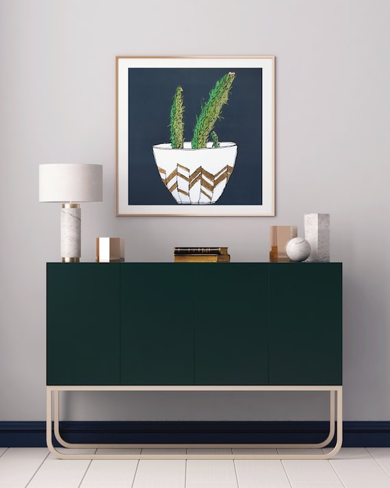 cactus decor, cactus art, cactus art print, succulent art, interior design, modern mid century, plant decor, gold leaf, original wall art