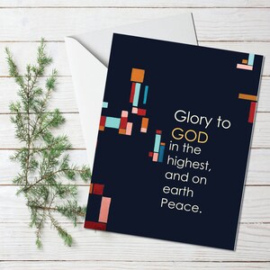 Religieuze kerstkaart, wenskaart, halverwege de eeuw moderne vakantie wenskaart, bladgoud, glorie aan GOD, stationaire, moderne vakantie kaart
