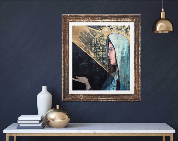 Mother Mary art print, the annunciation, modern religious art, catholic art, gold leaf, mid century modern, Christian art, Catholic gift