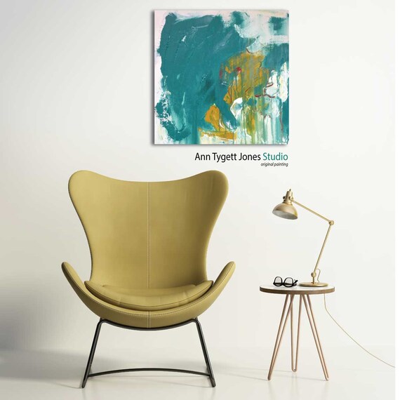 Teal abstract acrylic painting, mid century modern art, wall art, modern decor, contemporary abstract art, abstract decor, handmade art