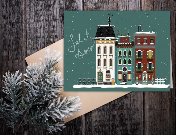 Let it Snow Holiday Card, seasonal greeting Christmas card, Victorian vintage houses in winter, modern Victorian Christmas card