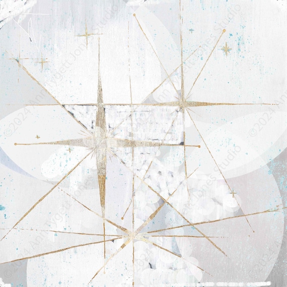 White Star retro painting, mid century modern art, night sky, retro art, celestial wall art, interior staging, gold leaf, interior styling