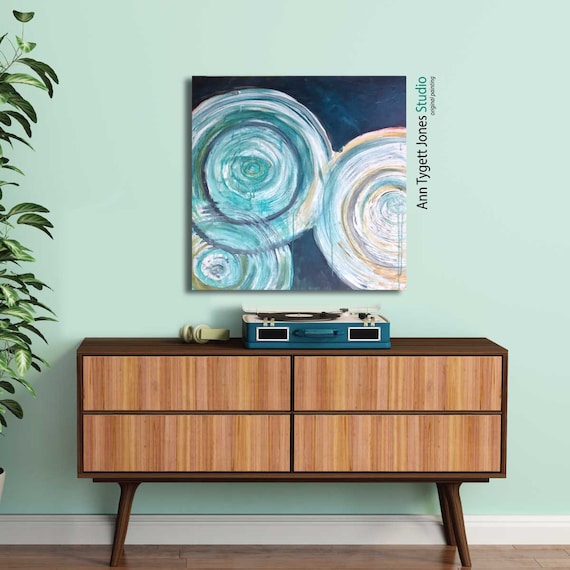 Original Acrylic Abstract Painting, water rings, water ripples, water painting, blue water painting, abstract, mid century modern art, water