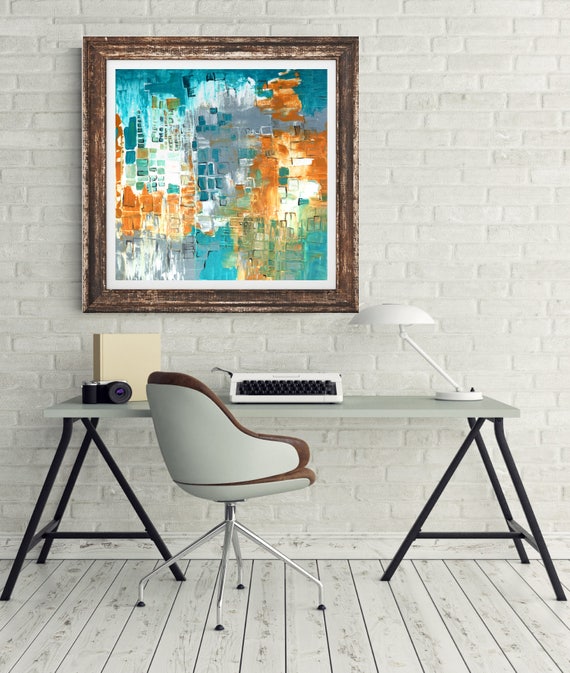 Teal original abstract painting, modern interior wall art, abstract art print, teal and yellow art, contemporary art, modern interior decor