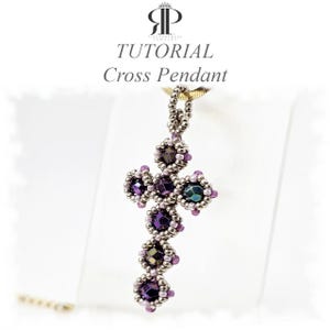 May include: A cross pendant crafted from metallic silver seed beads and faceted purple crystals. The text TUTORIAL Cross Pendant is displayed above the jewelry piece, which hangs from a gold-toned chain against a white background.