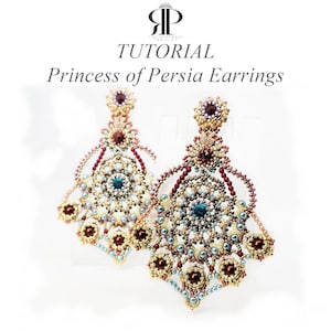 May include: A pair of ornate beaded earrings featuring the text TUTORIAL Princess of Persia Earrings. The earrings are crafted with intricate gold, deep red, and teal beads arranged in a chandelier pattern with a central teal stone and pearl accents.