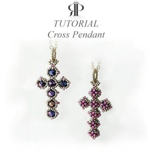 May include: Two beaded cross pendants hanging from chains, with the text TUTORIAL Cross Pendant and a logo at the top. The left pendant features dark purple faceted beads, while the right pendant is crafted with smaller pink beads.