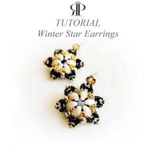 May include: Two star-shaped earrings with a tutorial title. The earrings are made of black, white, and gold beads. The text on the image reads "Tutorial Winter Star Earrings". The earrings are on a white background.