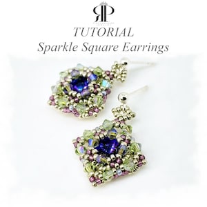 May include: A pair of square earrings featuring a central deep blue crystal surrounded by light green and purple beads, with the text TUTORIAL Sparkle Square Earrings and a logo at the top. The earrings have a silver-toned post backing.