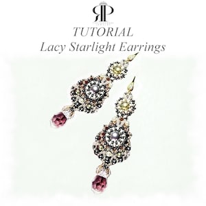 May include: A pair of beaded earrings with the text TUTORIAL Lacy Starlight Earrings and a logo at the top. The earrings feature intricate black, white, and metallic beadwork surrounding a central grey pearl, finished with a purple crystal drop.