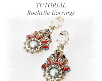 May include: A pair of beaded earrings featuring a central grey pearl surrounded by red, gold, and blue seed beads, topped with a clear pear-shaped crystal. The text TUTORIAL Rochelle Earrings is displayed above the jewelry on a white background.