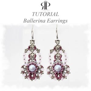 May include: A pair of beaded drop earrings featuring a central light purple pearl surrounded by metallic silver, dark pink, and pale pink seed beads. The text "TUTORIAL Ballerina Earrings" appears above the jewelry on a white background.