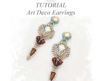 May include: A pair of beaded earrings featuring a central iridescent teardrop crystal, surrounded by metallic gold, silver, and teal seed beads, with brown triangular accents. The text reads TUTORIAL Art Deco Earrings with a logo above.