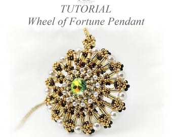 May include: A circular beaded pendant featuring a central iridescent green crystal surrounded by gold bugle beads, small white pearls, and tiny black seed beads. The text TUTORIAL Wheel of Fortune Pendant is displayed above the jewelry piece.