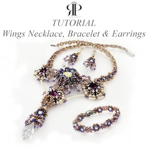 May include: A beaded jewelry set featuring a necklace, bracelet, and earrings. The necklace has a central pendant with purple and white accents, and the bracelet and earrings mirror the design. The set is adorned with small beads and crystals, with the text "TUTORIAL" and "Wings Necklace, Bracelet & Earrings".