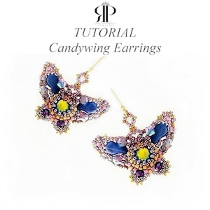 May include: A pair of beaded butterfly-shaped earrings featuring a central yellow cabochon, dark blue teardrop accents, and a mix of pink, purple, and metallic beads. The text "TUTORIAL Candywing Earrings" is displayed above the jewelry items.