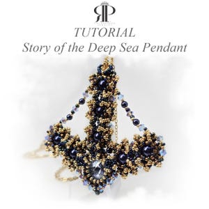 May include: A beaded pendant necklace featuring dark blue pearls, metallic gold seed beads, and small light blue crystals. The text TUTORIAL Story of the Deep Sea Pendant is displayed above the jewelry piece, which is suspended on a thin gold chain.
