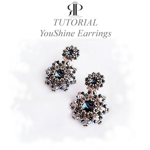 May include: A pair of handmade YouShine earrings. The earrings feature a central dark blue crystal surrounded by a cluster of smaller blue and black beads. The earrings are set against a white background, with the word "TUTORIAL" and "YouShine Earrings" in the image.